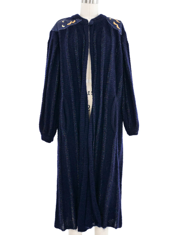 Navy Moon Applique Art to Wear Maxi Cardigan