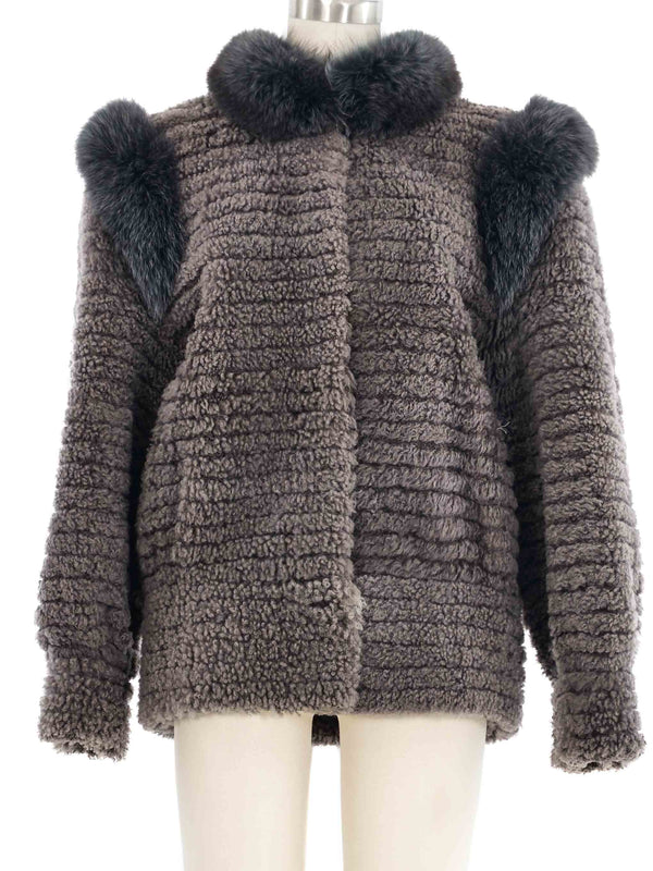 Gray Fur Trimmed Knit Jacket