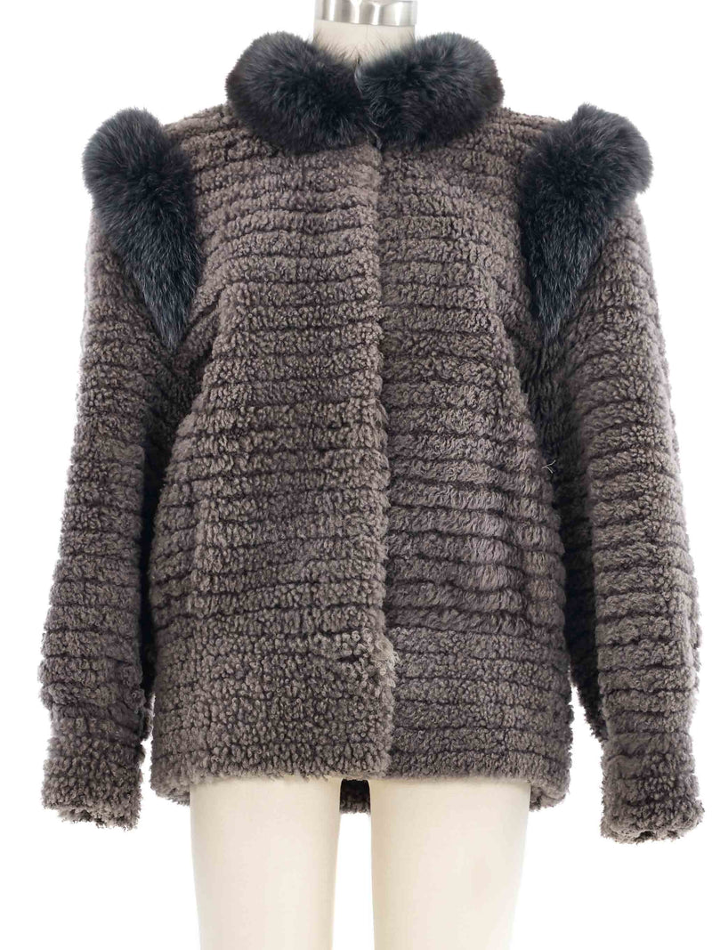 Gray Fur Trimmed Knit Jacket