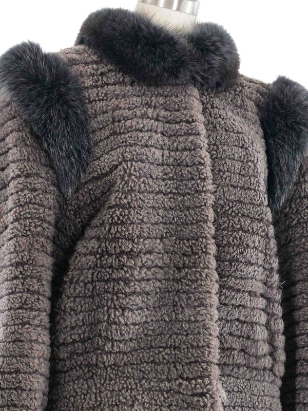 Gray Fur Trimmed Knit Jacket