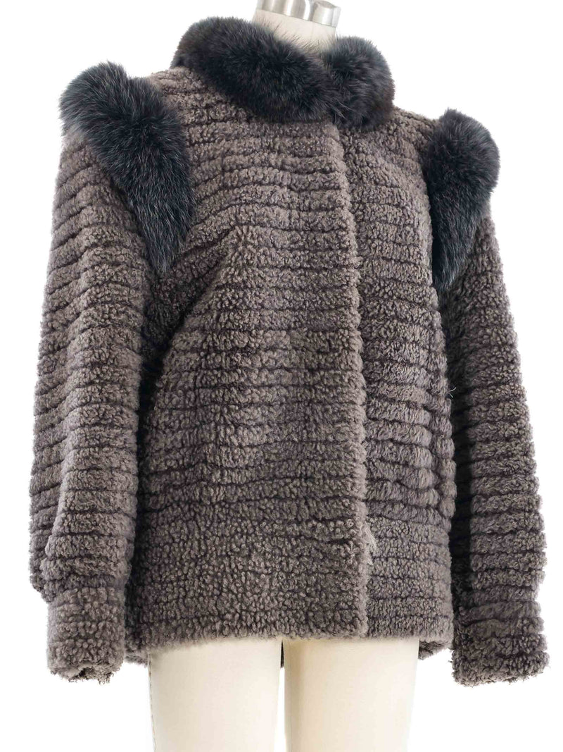 Gray Fur Trimmed Knit Jacket
