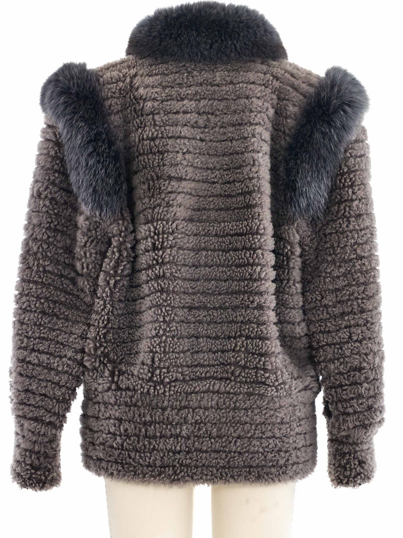 Gray Fur Trimmed Knit Jacket