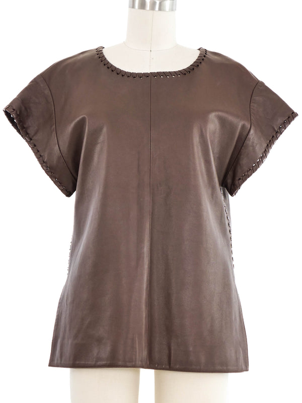 Chloe Brown Leather Whipstitch Top
