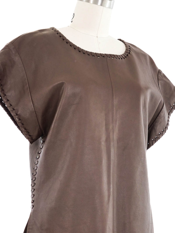 Chloe Brown Leather Whipstitch Top