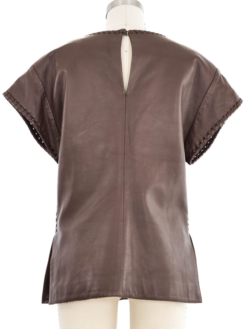 Chloe Brown Leather Whipstitch Top