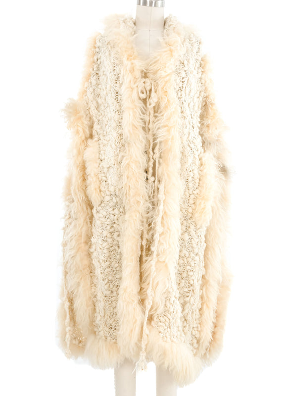 Shearling Trimmed Knit Poncho Shawl
