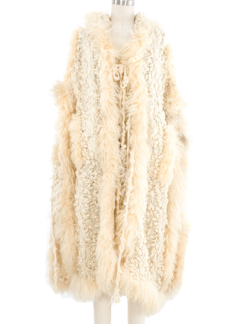 Shearling Trimmed Knit Poncho Shawl