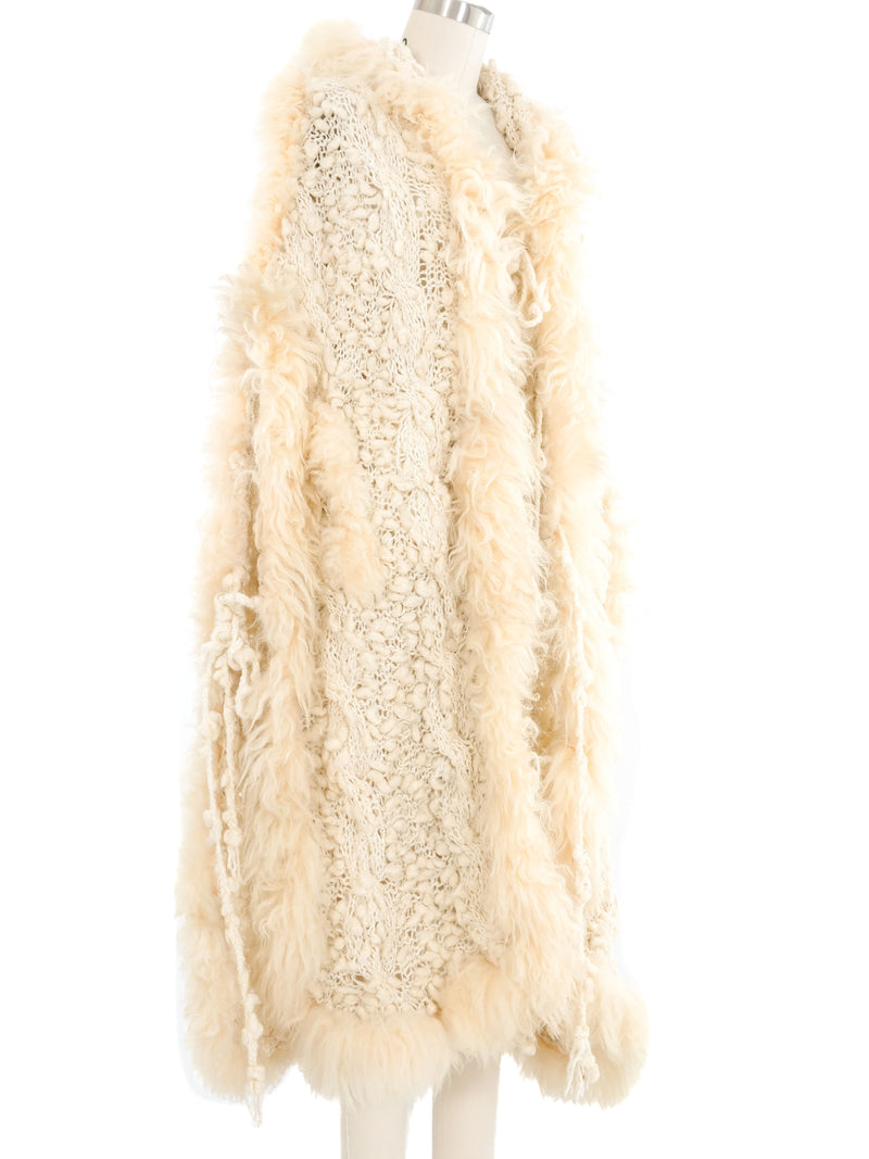 Shearling Trimmed Knit Poncho Shawl