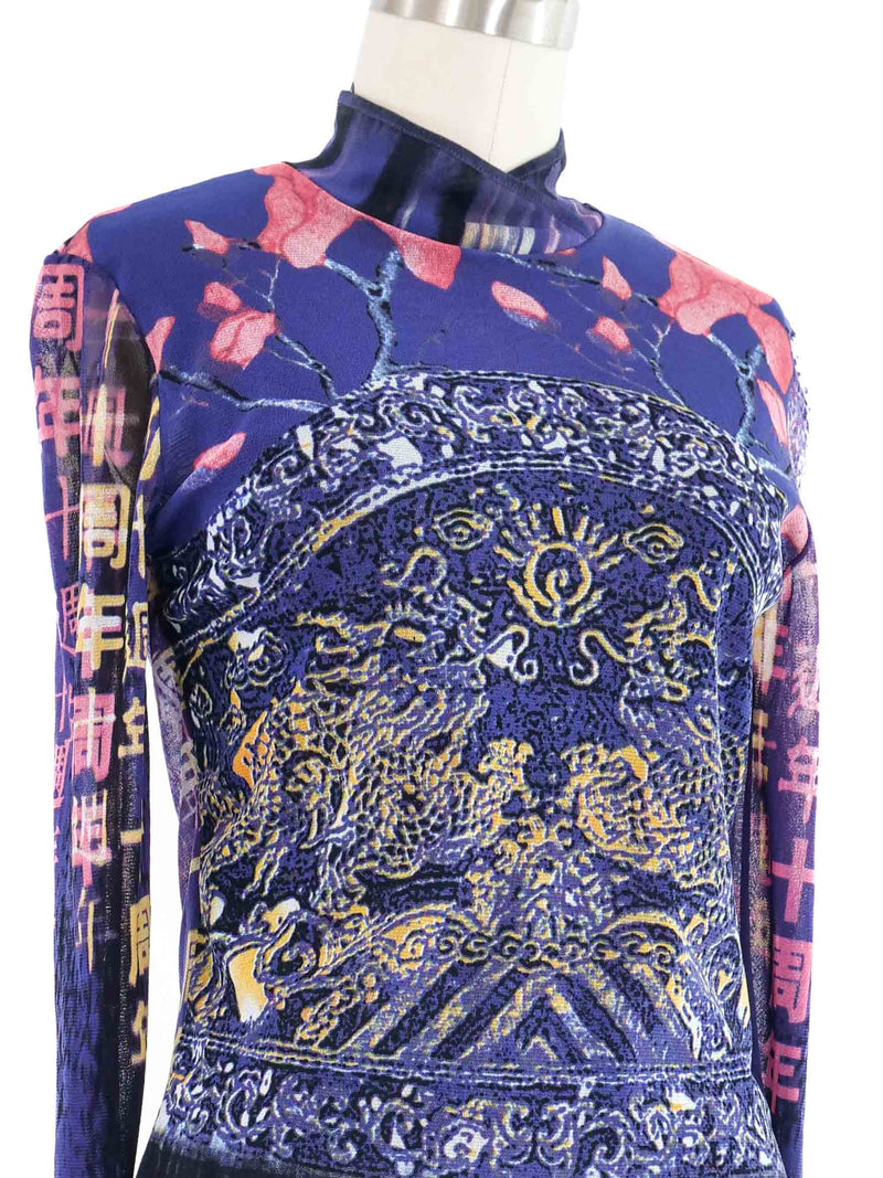 Vivienne Tam Cherry Blossom Print Mesh Longsleeve Top arcadeshops.com