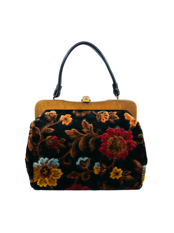 Black and Red Chenille Floral Tapestry Handbag
