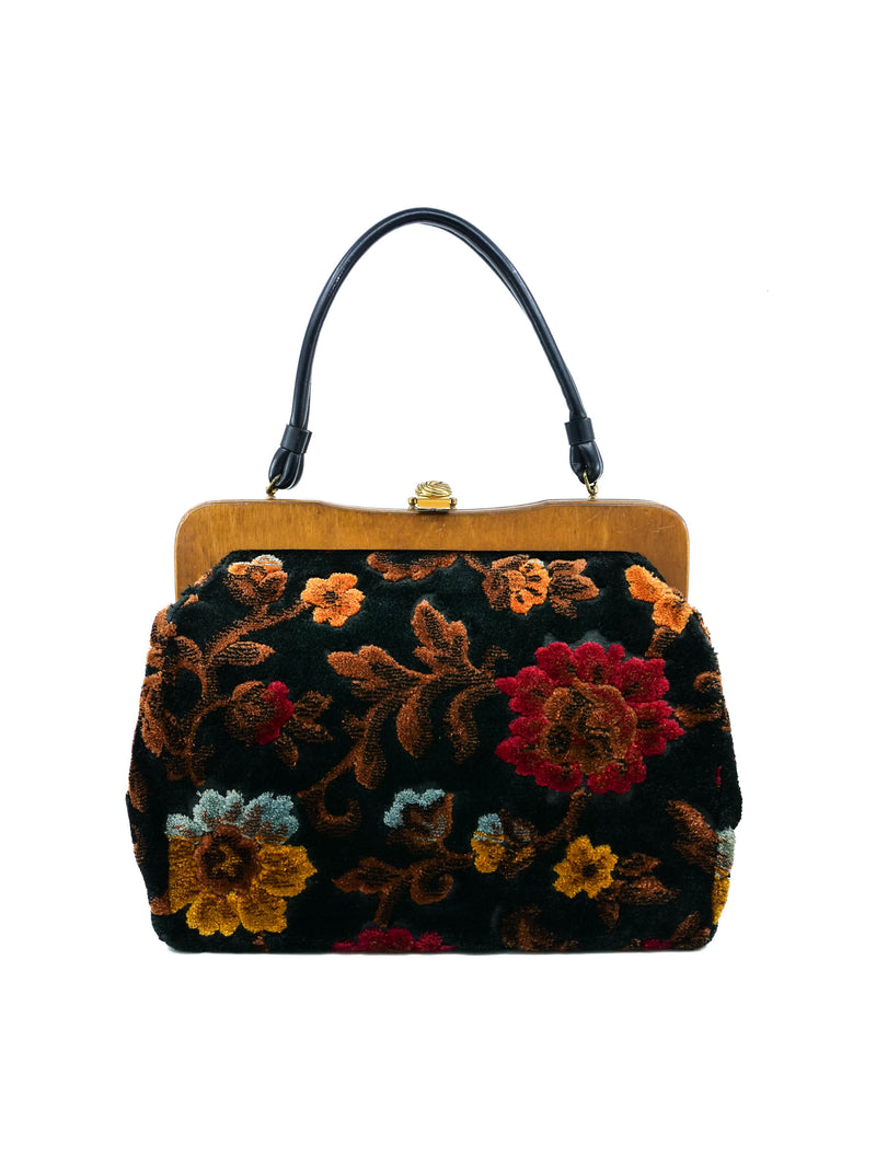Black and Red Chenille Floral Tapestry Handbag