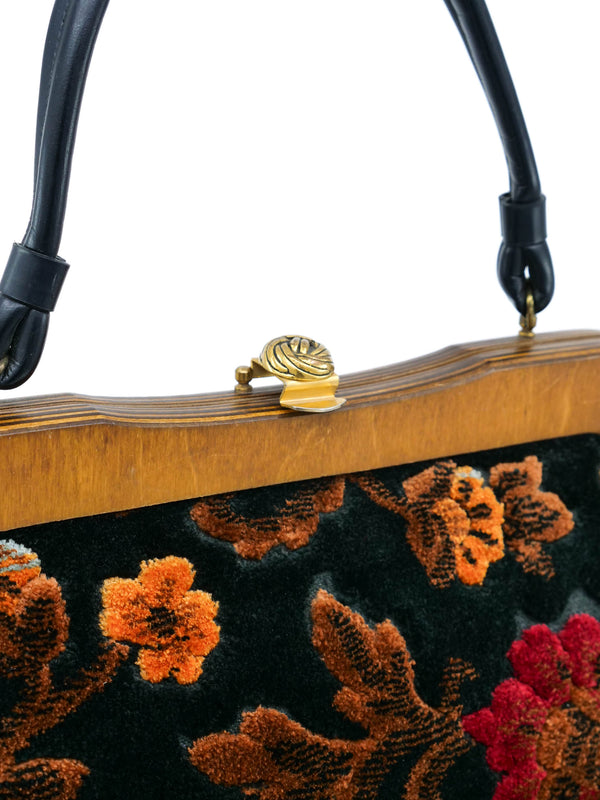 Black and Red Chenille Floral Tapestry Handbag