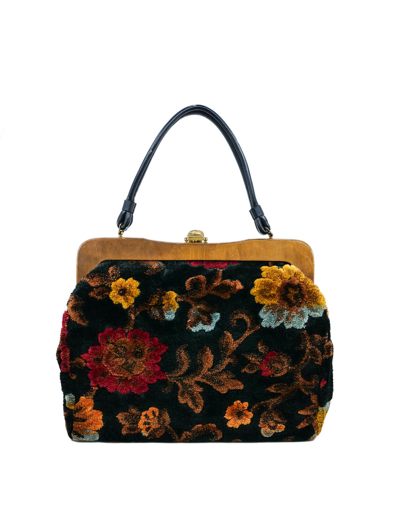 Black and Red Chenille Floral Tapestry Handbag