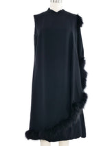 Marabou Trimmed Black Crepe Wrap Dress