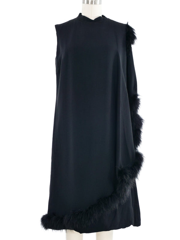 Marabou Trimmed Black Crepe Wrap Dress
