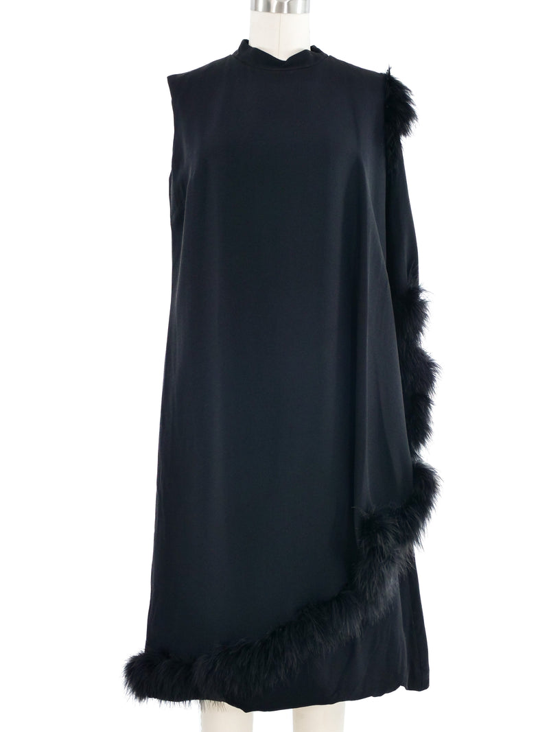 Marabou Trimmed Black Crepe Wrap Dress