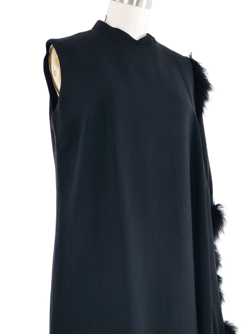 Marabou Trimmed Black Crepe Wrap Dress