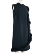 Marabou Trimmed Black Crepe Wrap Dress