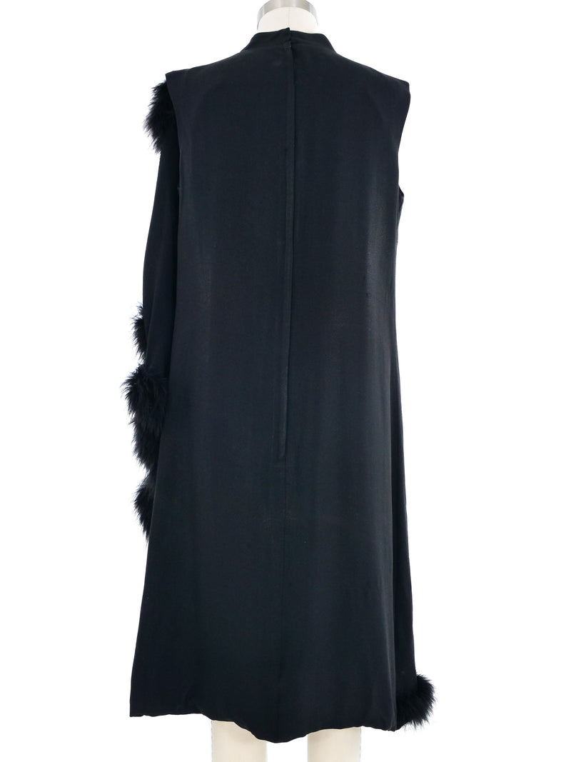 Marabou Trimmed Black Crepe Wrap Dress