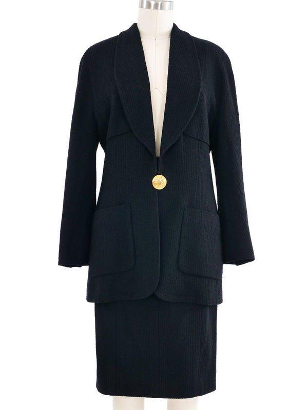 1989 Chanel Black Wool Single Breasted Skirt Suit