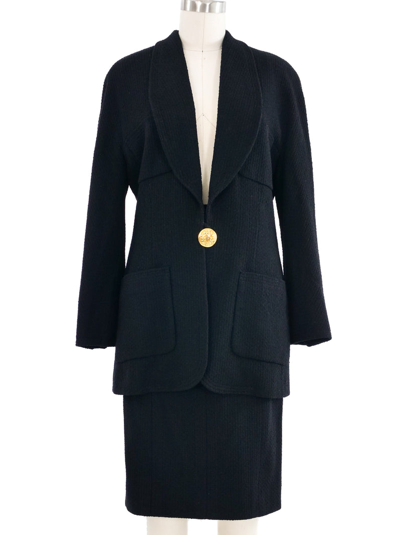 1989 Chanel Black Wool Single Breasted Skirt Suit