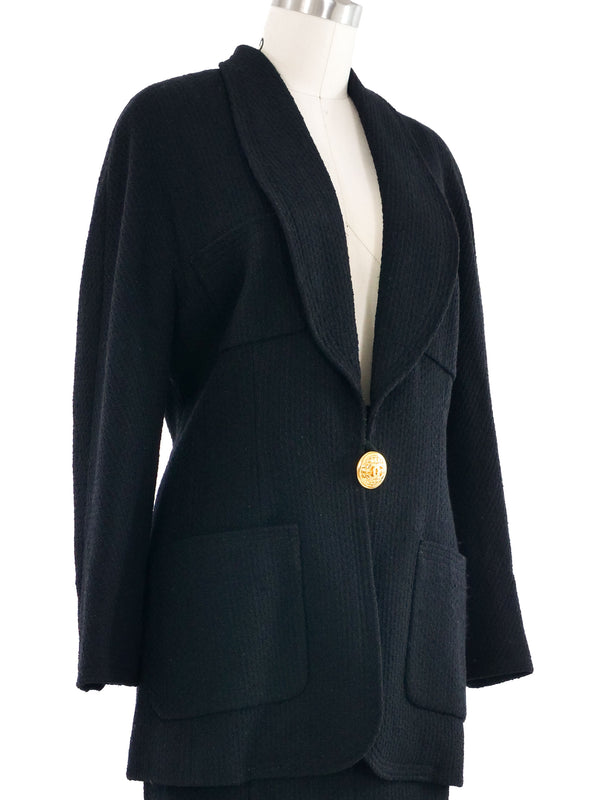 1989 Chanel Black Wool Single Breasted Skirt Suit