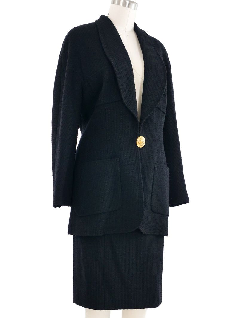 1989 Chanel Black Wool Single Breasted Skirt Suit