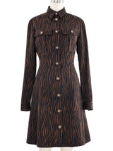 1990s Gianni Versace Brown Zebra Print Shirt Dress