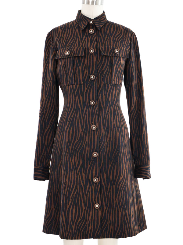 1990s Gianni Versace Brown Zebra Print Shirt Dress