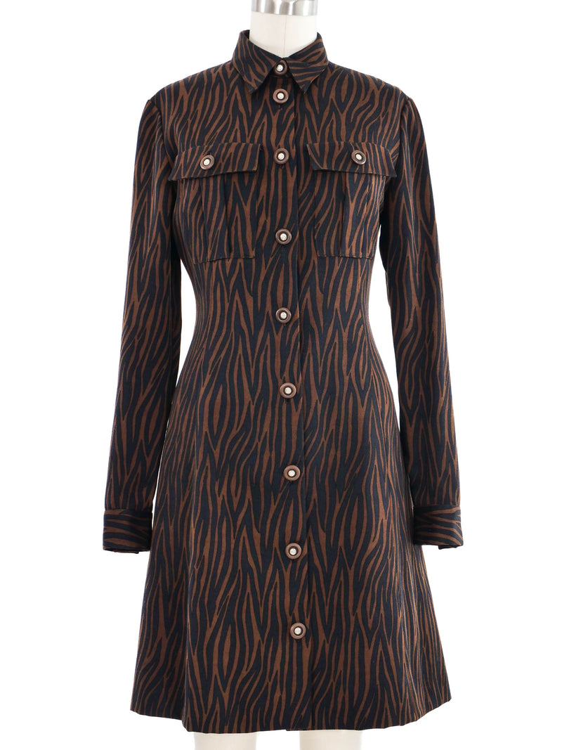 1990s Gianni Versace Brown Zebra Print Shirt Dress