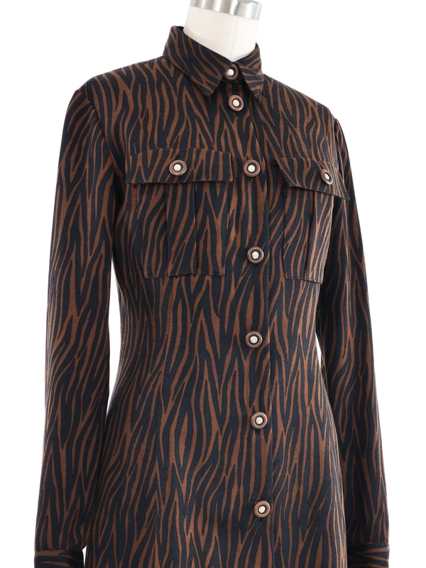 1990s Gianni Versace Brown Zebra Print Shirt Dress