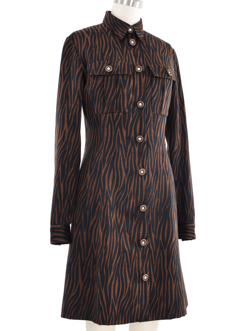 1990s Gianni Versace Brown Zebra Print Shirt Dress