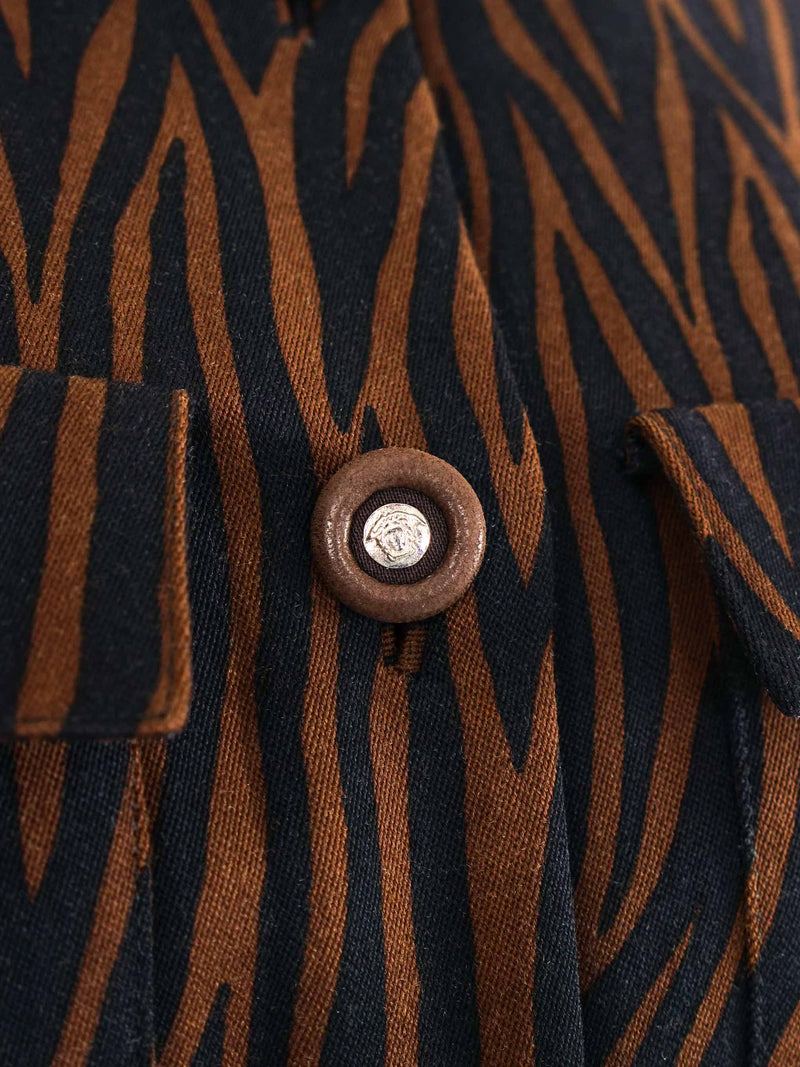 1990s Gianni Versace Brown Zebra Print Shirt Dress