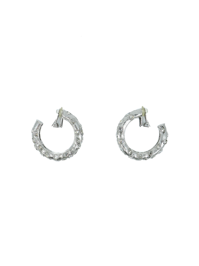 Oscar de la Renta Silvertone Crystal Embellished Hoop Earrings