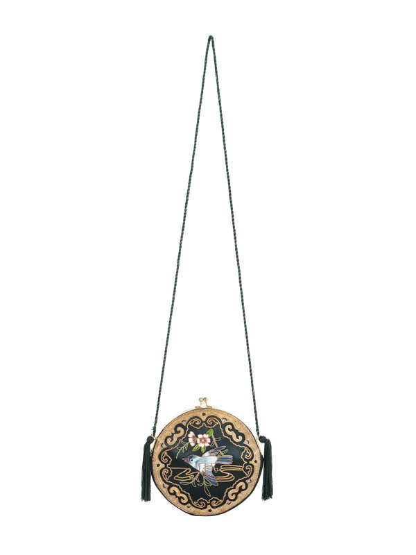 Bird Embroidered Satin Shoulder Bag