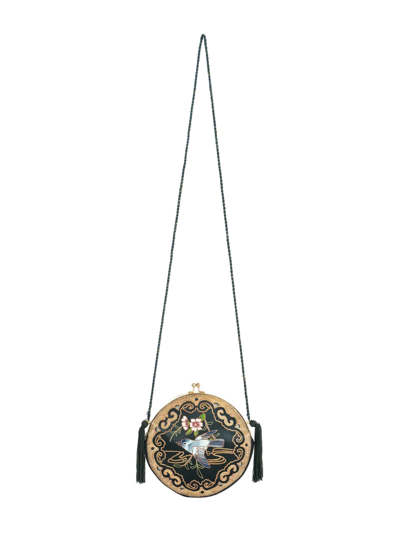 Bird Embroidered Satin Shoulder Bag