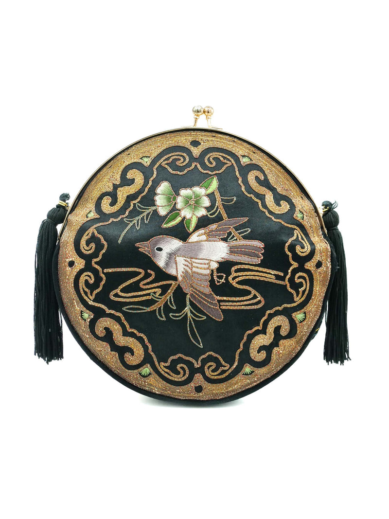 Bird Embroidered Satin Shoulder Bag