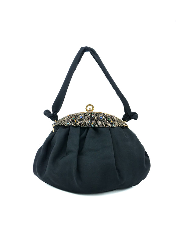 1940s Embellished Black Grosgrain Purse