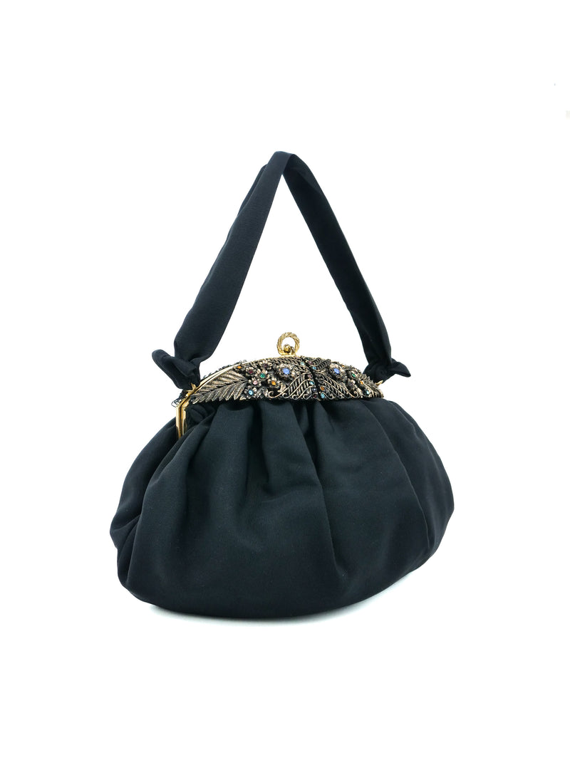 1940s Embellished Black Grosgrain Purse