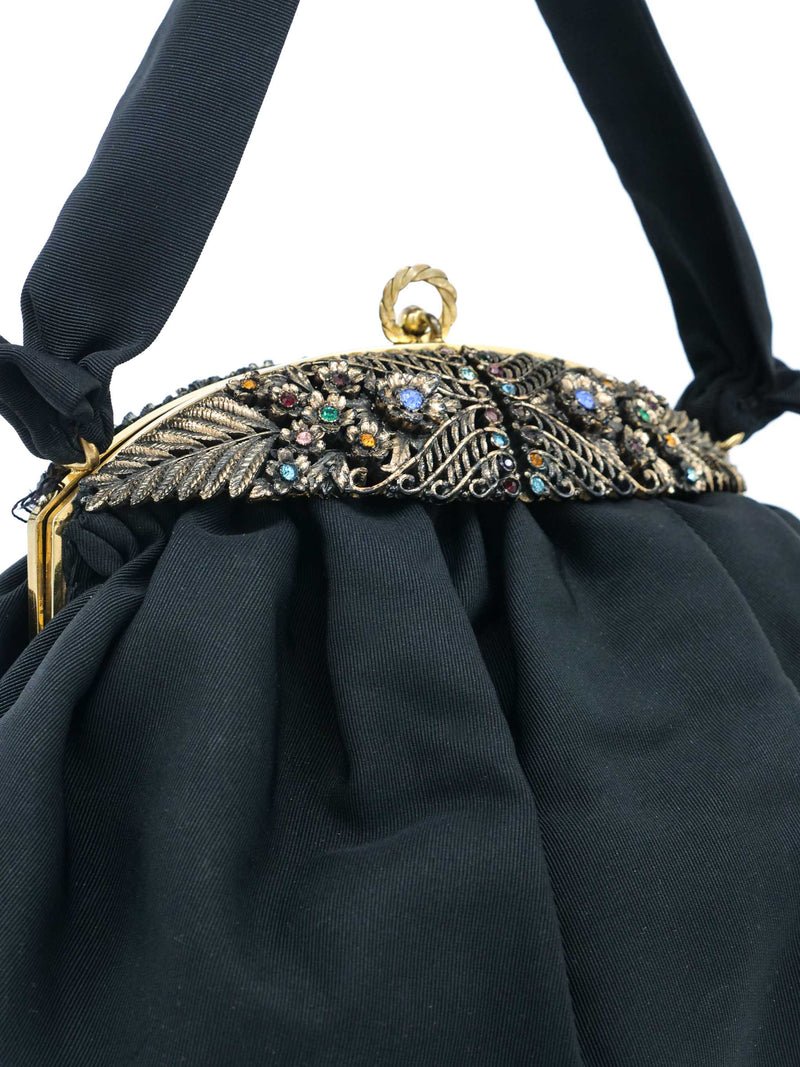 1940s Embellished Black Grosgrain Purse