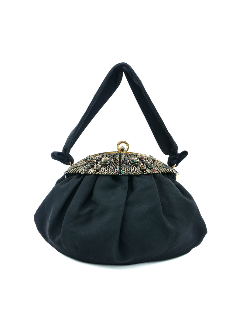 1940s Embellished Black Grosgrain Purse