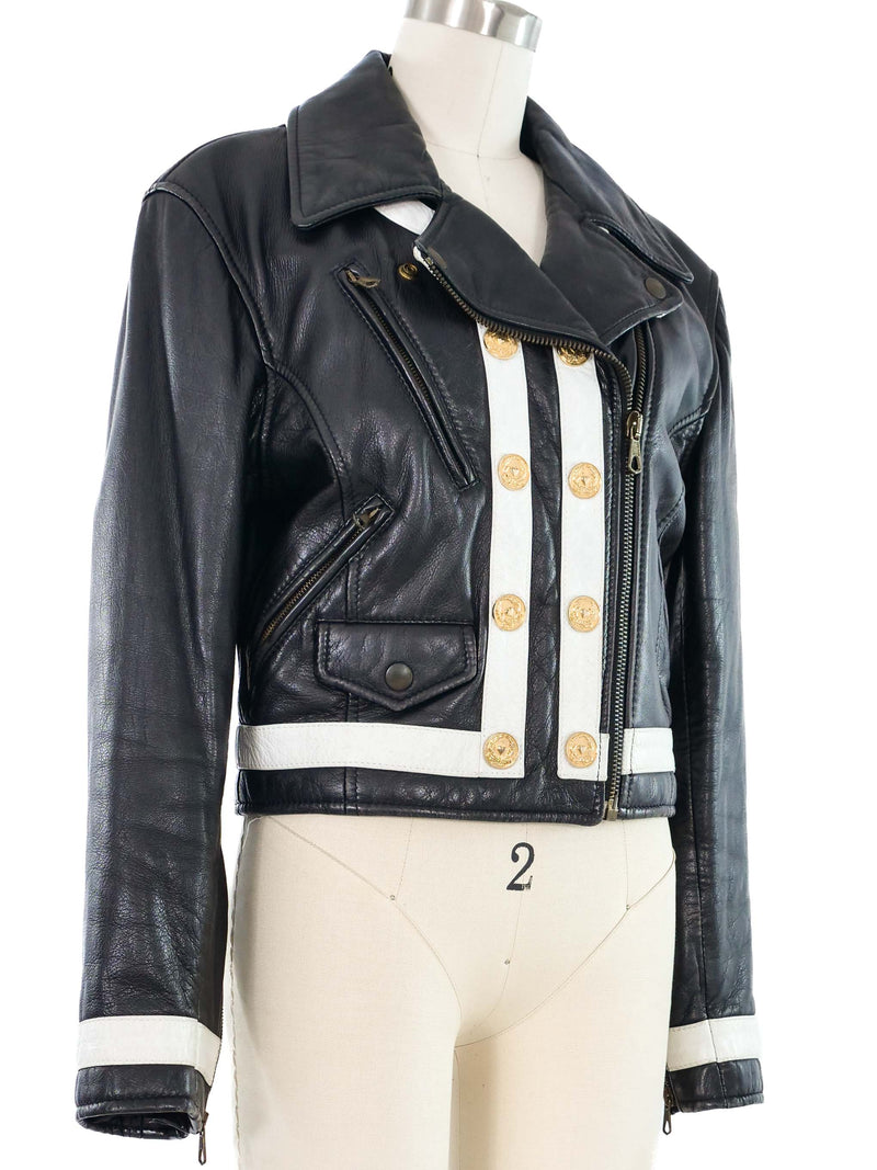 Moschino Black and White Leather Moto Jacket