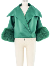 Fur Trim Emerald Satin Jacket Jacket arcadeshops.com