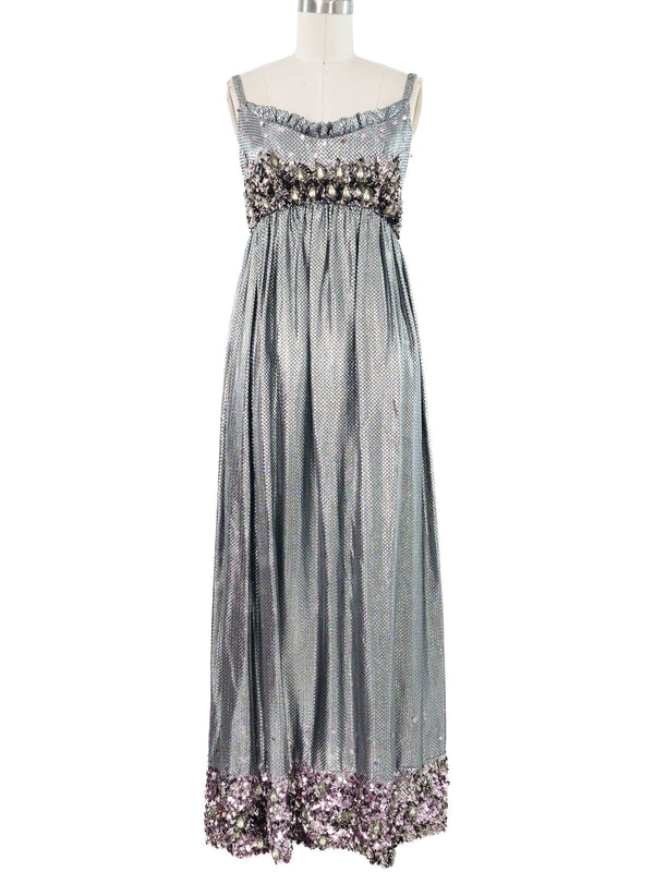1970s Silver Lame Paillette Trimmed Gown