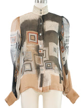 1970s Thea Porter Geometric Printed Silk Blouse Top arcadeshops.com