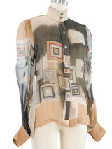 1970s Thea Porter Geometric Printed Silk Blouse Top arcadeshops.com