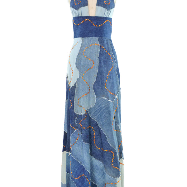 Love Melody Patchwork Denim Halter Dress Love Melody Patchwork Denim Halter Dress