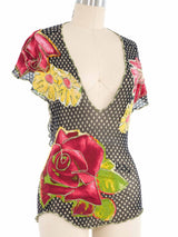 Jean Paul Gaultier Silk Flower Applique Mesh Halter Top