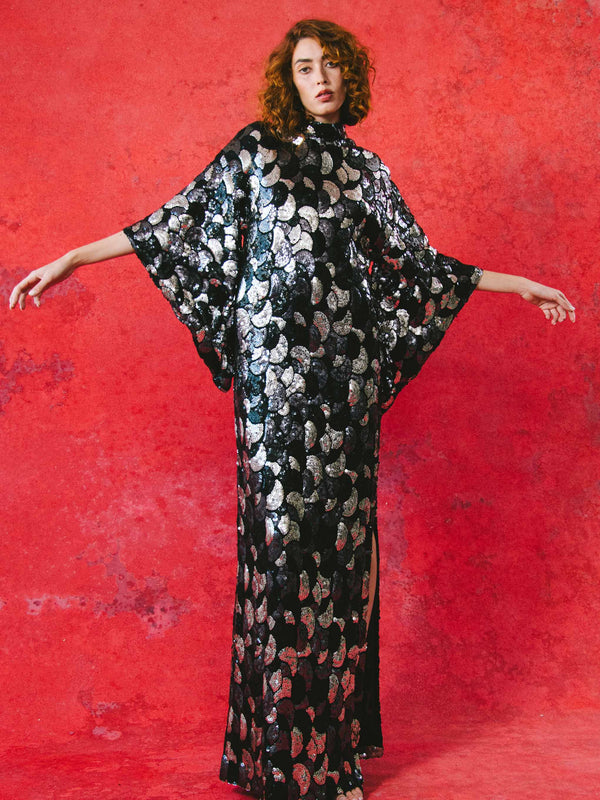 1960s Mr. Blackwell Scalloped Sequin Kimono Gown Dress arcadeshops.com