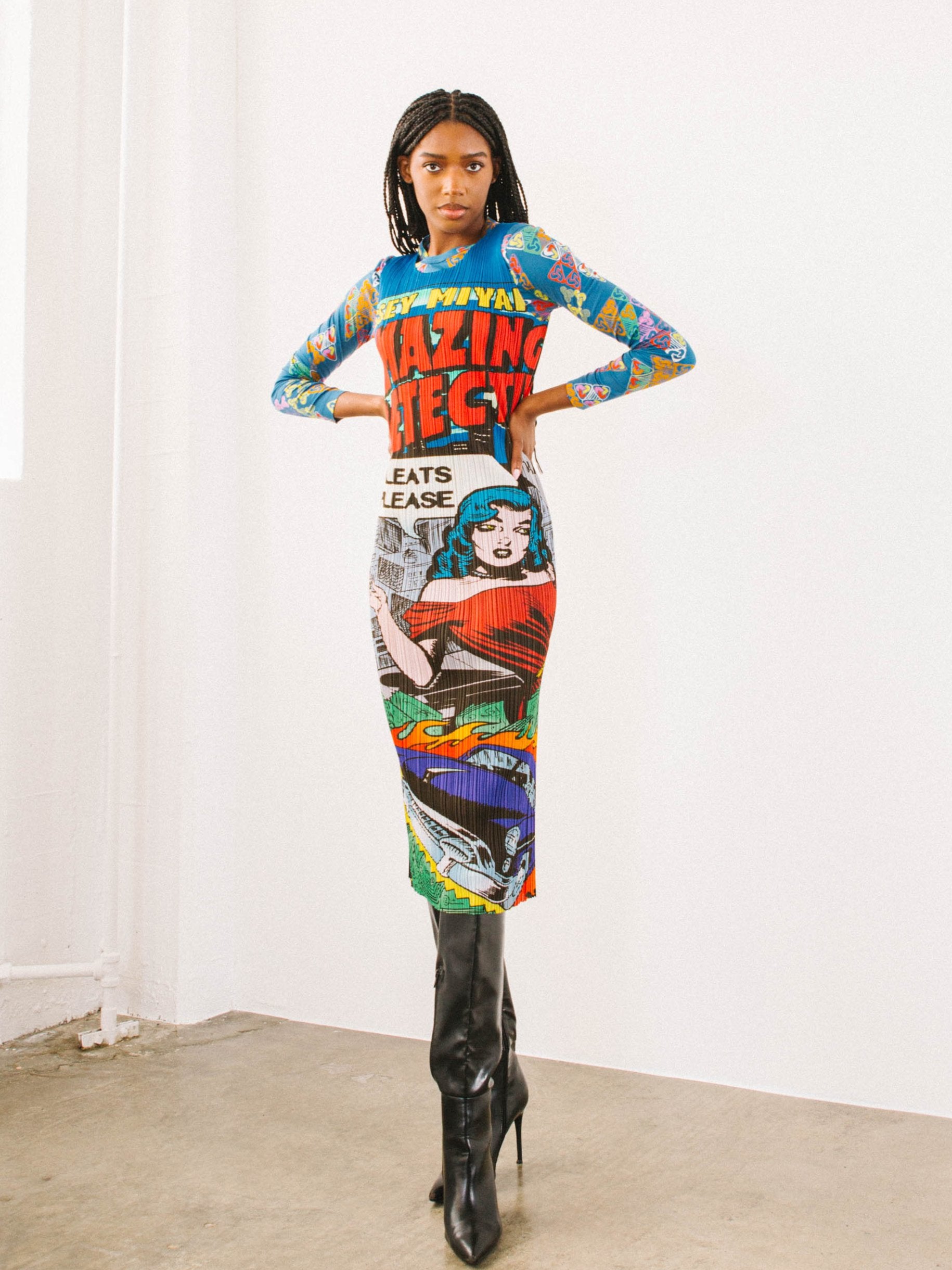 1999 Issey Miyake Pleats Please Pop Art Comic Strip Midi Dress